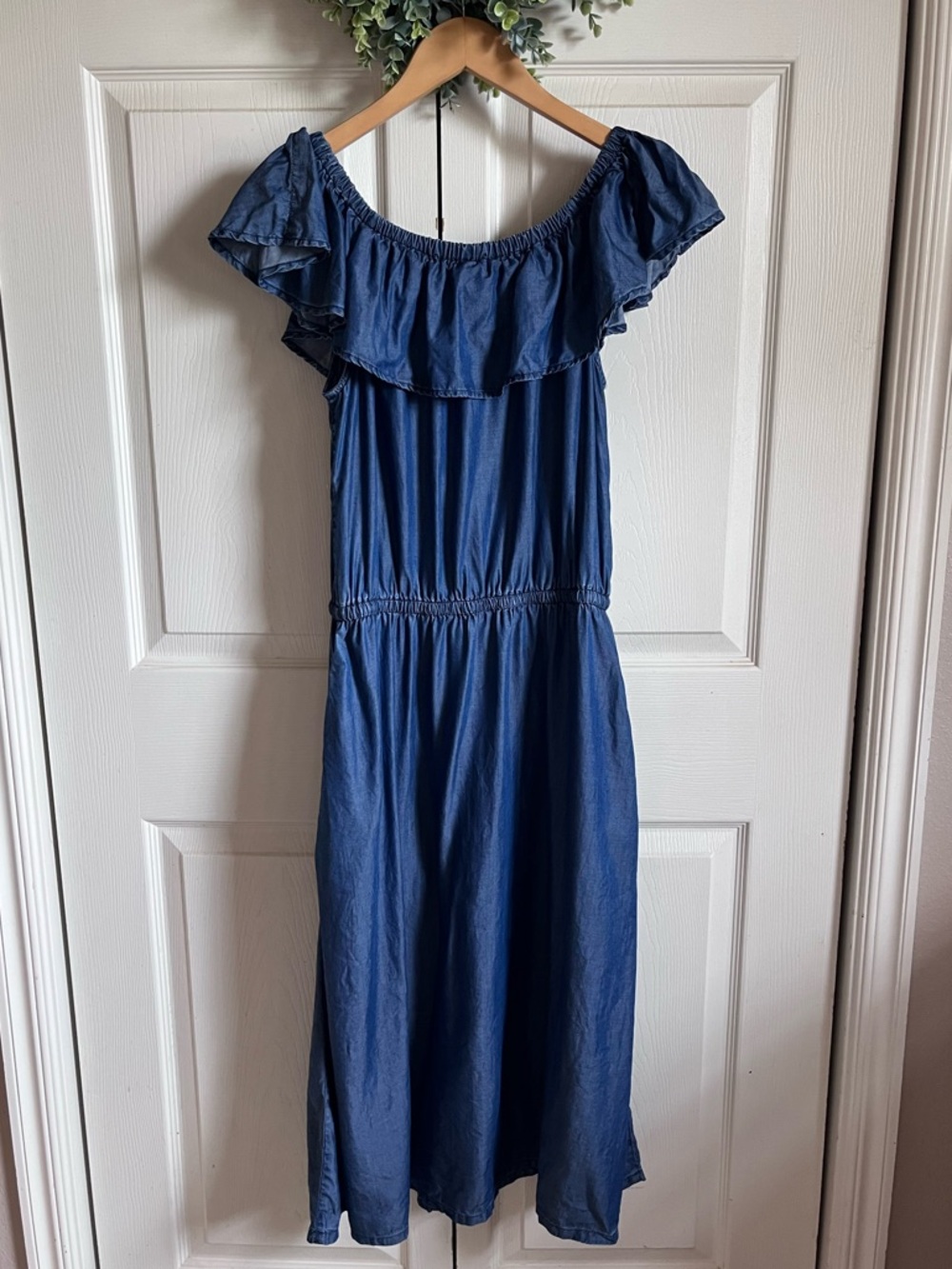 Tommy Bahama Off-Shoulder Ruffle Blue Midi Dress with Drawstring Waist - Picture 3 of 12